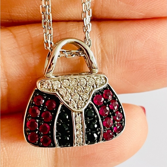 MIRABELLE Solid 18k 18kt white gold ruby and sapphire purse bag pendant necklace - Picture 5 of 16
